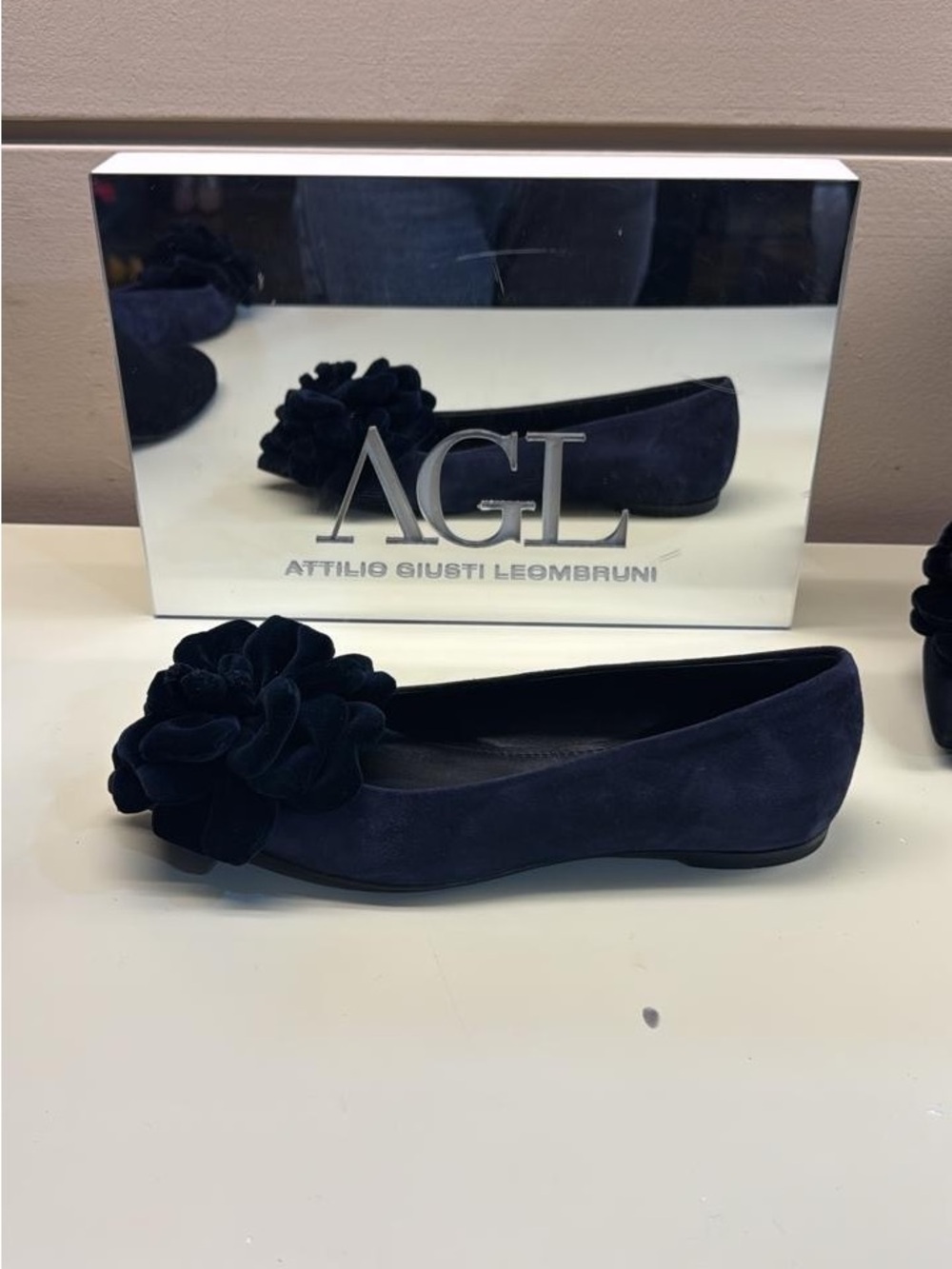 AGL Navy Suede Pointed-Toe Ballet Flat with Suede Flower - Picture 5 of 7